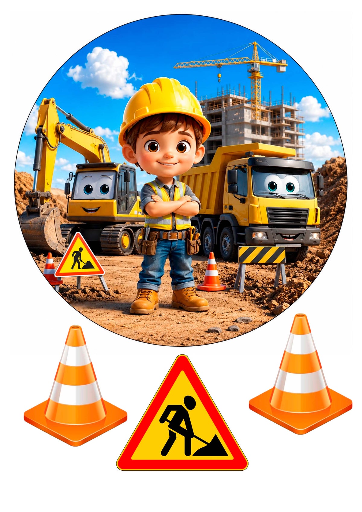 Essbares Tortenbild Baustelle – Happy Birthday Kuchenaufleger Rund Ø 20 cm mit Bauarbeiter, Bagger & Kipplaster – Zuckerpapier oder Oblatenpapier