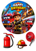 Essbares Tortenbild Feuerwehr – Happy Birthday Kuchenaufleger Rund Ø 20 cm mit Feuerwehrmann, Feuerwehrauto & Feuerwehrschlauch – Zuckerpapier oder Oblatenpapier