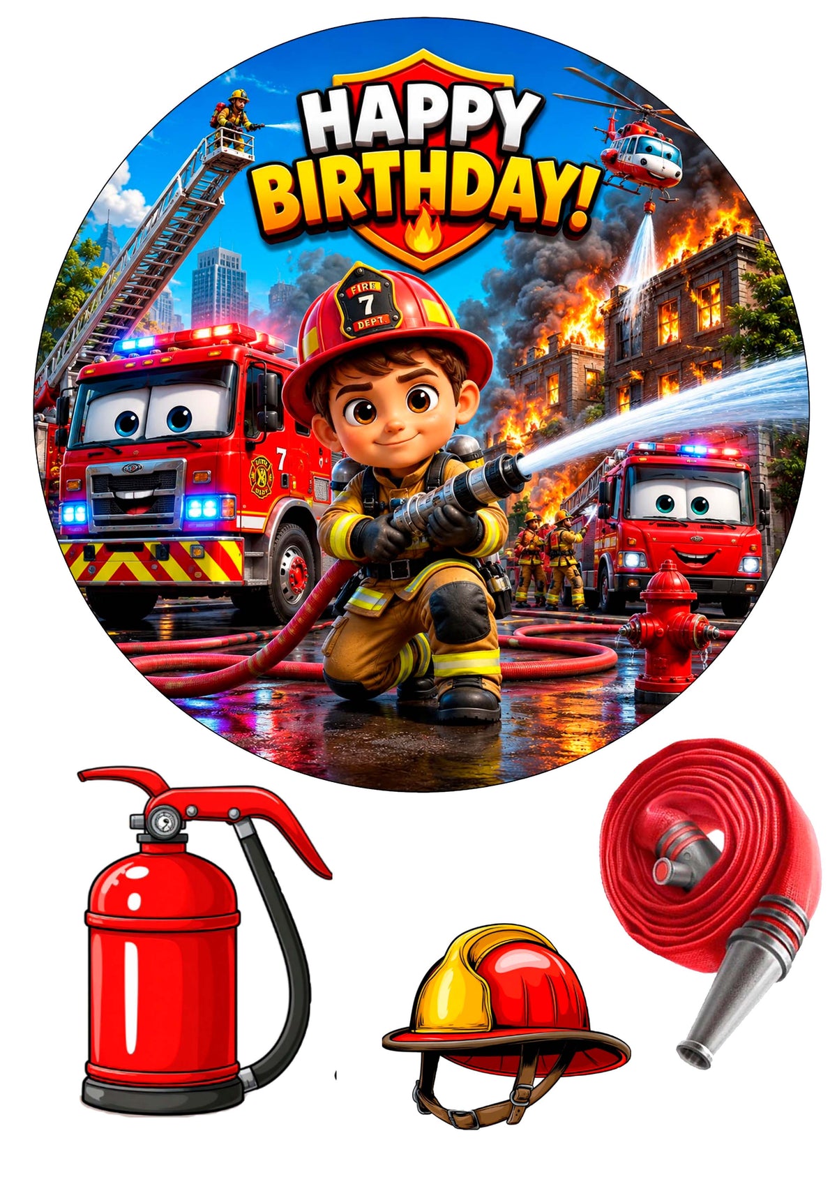 Essbares Tortenbild Feuerwehr – Happy Birthday Kuchenaufleger Rund Ø 20 cm mit Feuerwehrmann, Feuerwehrauto & Feuerwehrschlauch – Zuckerpapier oder Oblatenpapier