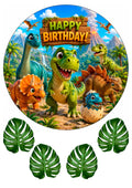Essbares Tortenbild Dinosaurier – Happy Birthday Kuchenaufleger Rund Ø 20 cm mit Dino Familie & Dschungel – Zuckerpapier oder Oblatenpapier