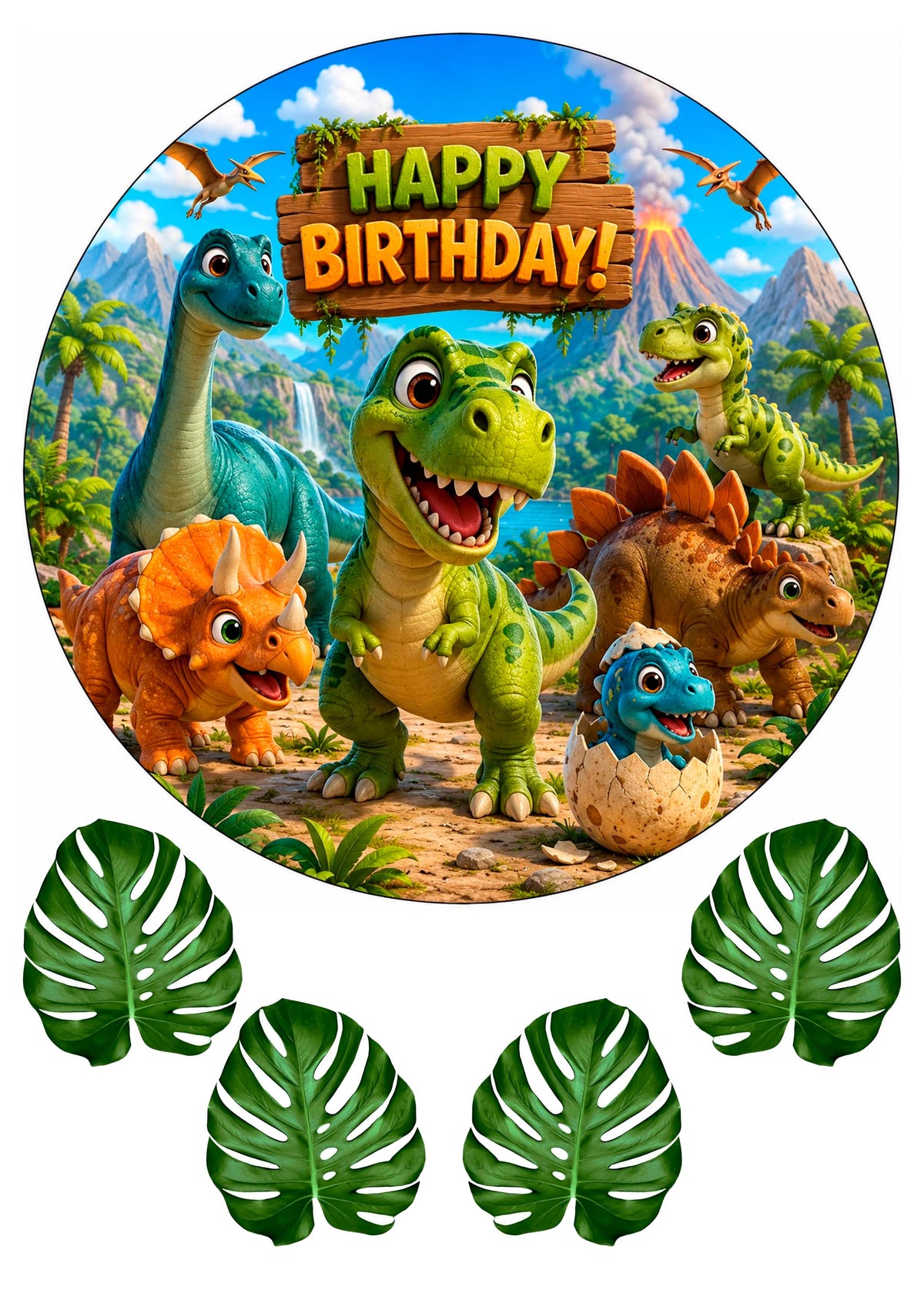 Essbares Tortenbild Dinosaurier – Happy Birthday Kuchenaufleger Rund Ø 20 cm mit Dino Familie & Dschungel – Zuckerpapier oder Oblatenpapier