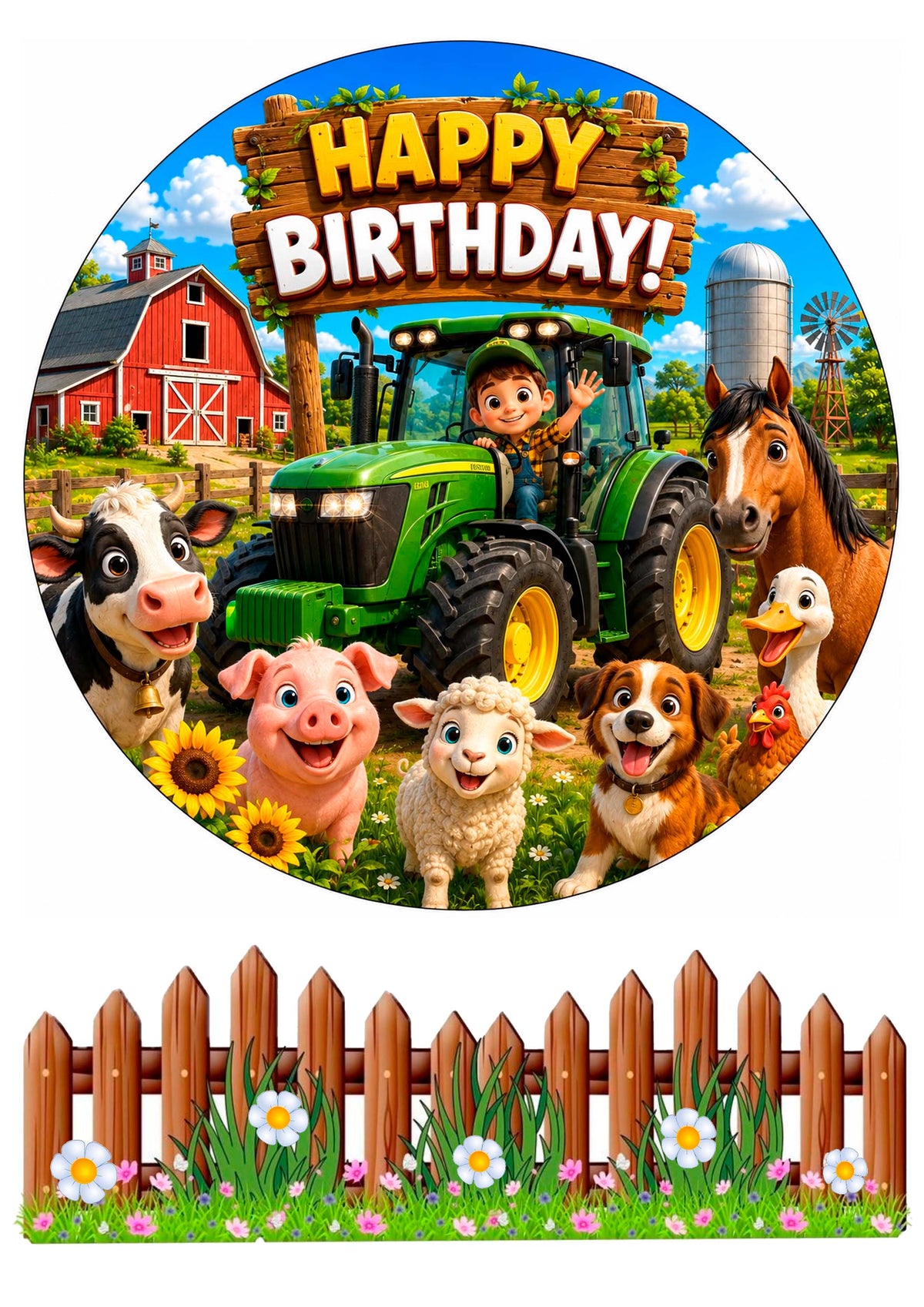 Essbares Tortenbild Bauernhof – Happy Birthday Kuchenaufleger Rund Ø 20 cm mit Traktor & Bauernhoftieren – Zuckerpapier oder Oblatenpapier