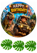 Essbares Tortenbild Dinosaurier – Happy Birthday Kuchenaufleger Rund Ø 20 cm mit T-Rex, Jeep & Dschungel – Zuckerpapier oder Oblatenpapier