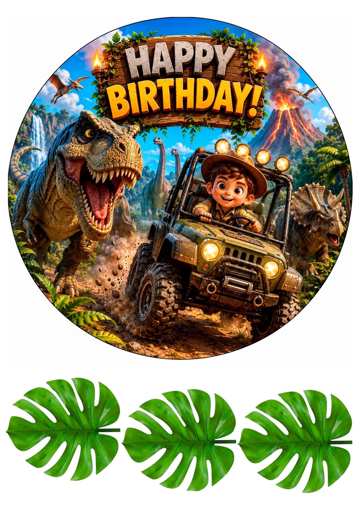 Essbares Tortenbild Dinosaurier – Happy Birthday Kuchenaufleger Rund Ø 20 cm mit T-Rex, Jeep & Dschungel – Zuckerpapier oder Oblatenpapier