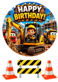 Essbares Tortenbild Baustelle – Happy Birthday Kuchenaufleger Rund Ø 20 cm mit Bagger, Baustellenfahrzeugen & Verkehrsschildern – Zuckerpapier oder Oblatenpapier