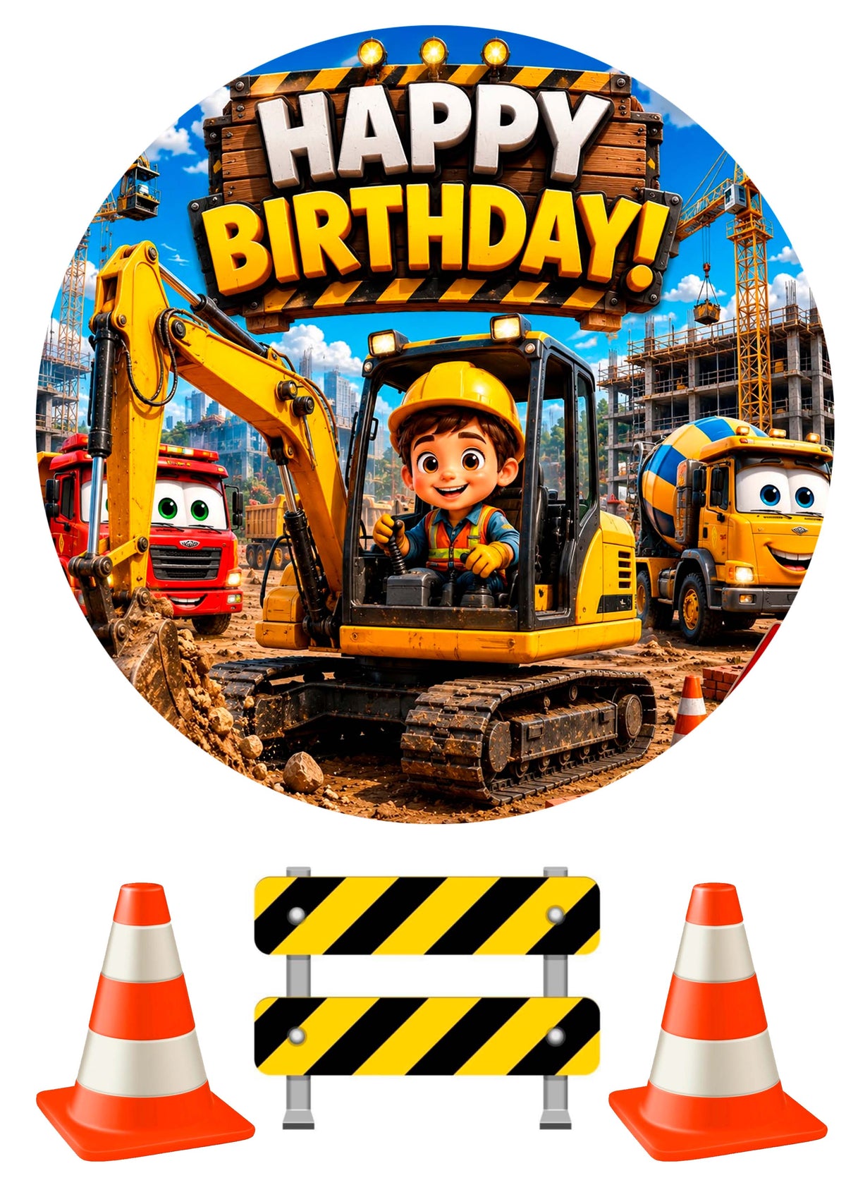 Essbares Tortenbild Baustelle – Happy Birthday Kuchenaufleger Rund Ø 20 cm mit Bagger, Baustellenfahrzeugen & Verkehrsschildern – Zuckerpapier oder Oblatenpapier