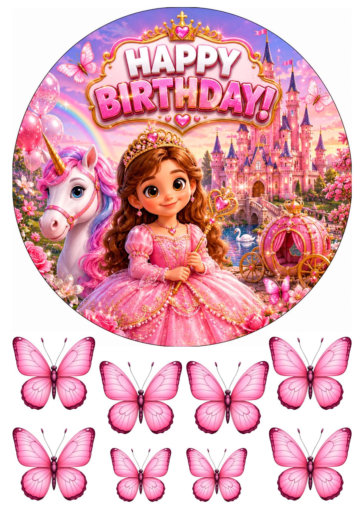Essbares Tortenbild Prinzessin mit Einhorn – Happy Birthday Kuchenaufleger Rund Ø 20 cm & Schmetterlinge – Zuckerpapier oder Oblatenpapier