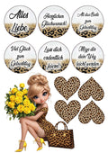 Tortenaufleger Frau mit Leopard Kleid und 6 Muffins A4 Esspapier