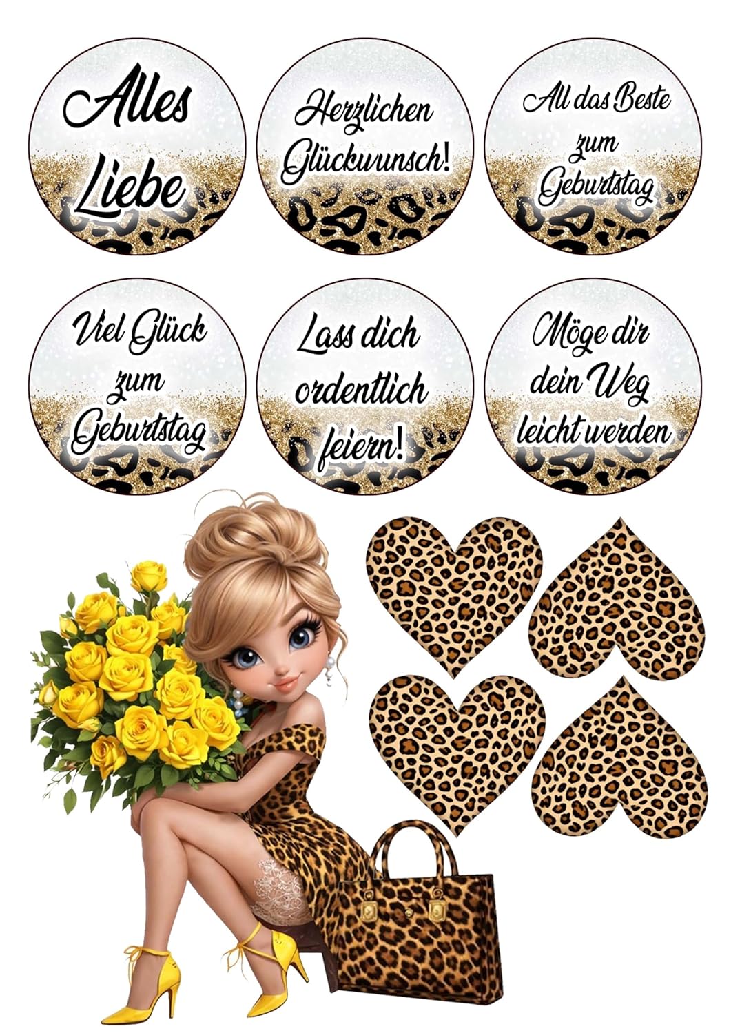 Tortenaufleger Frau mit Leopard Kleid und 6 Muffins A4 Esspapier